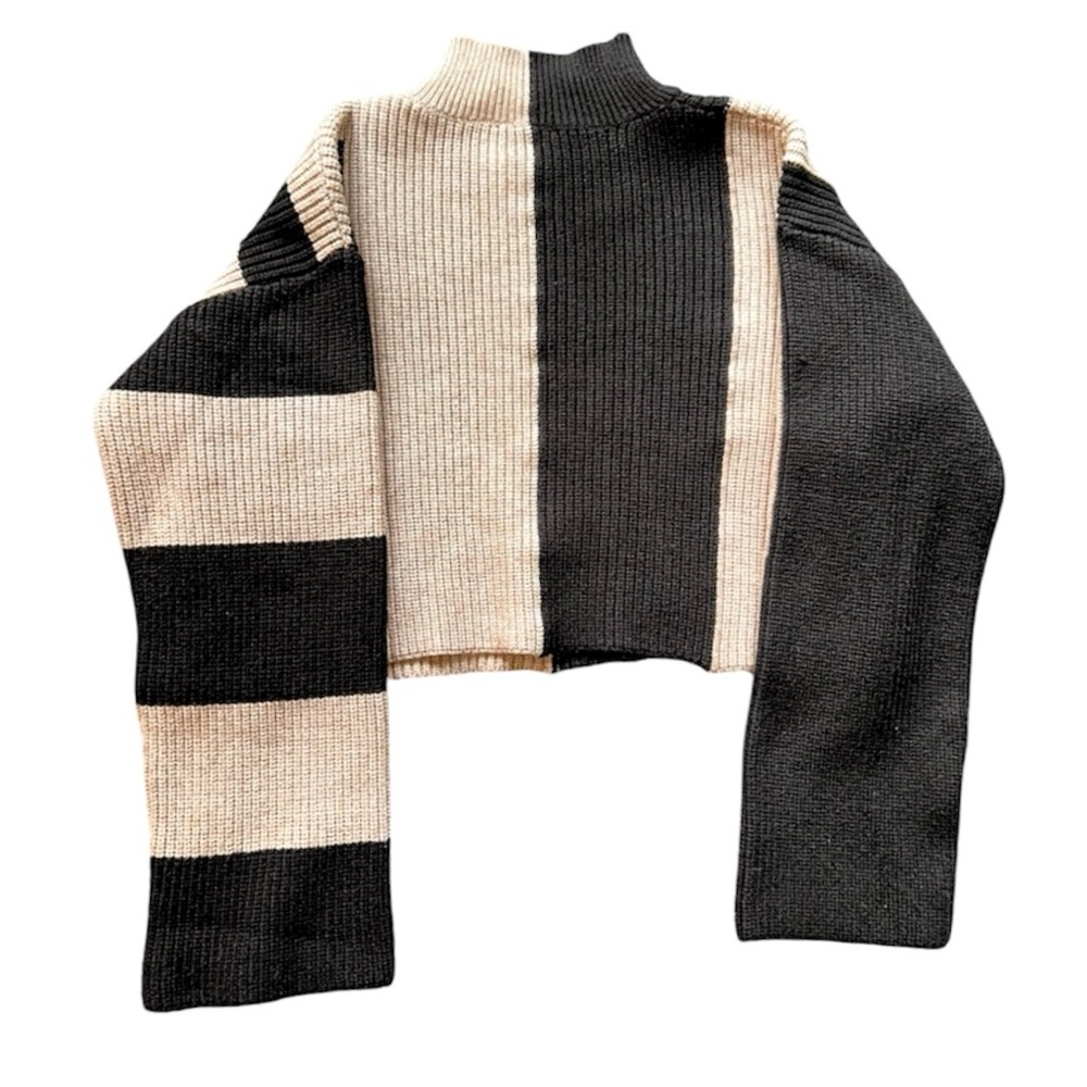 Buttermelon Color Block Mock Turtleneck Sweater, Black and Oat, Sz. S - Picture 4 of 10